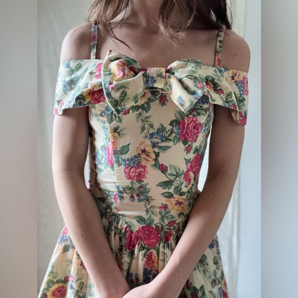 Vintage 80s All That Jazz Drop Waist Floral Dress Corset Style & Lace Ruffle - Picture 8 of 16